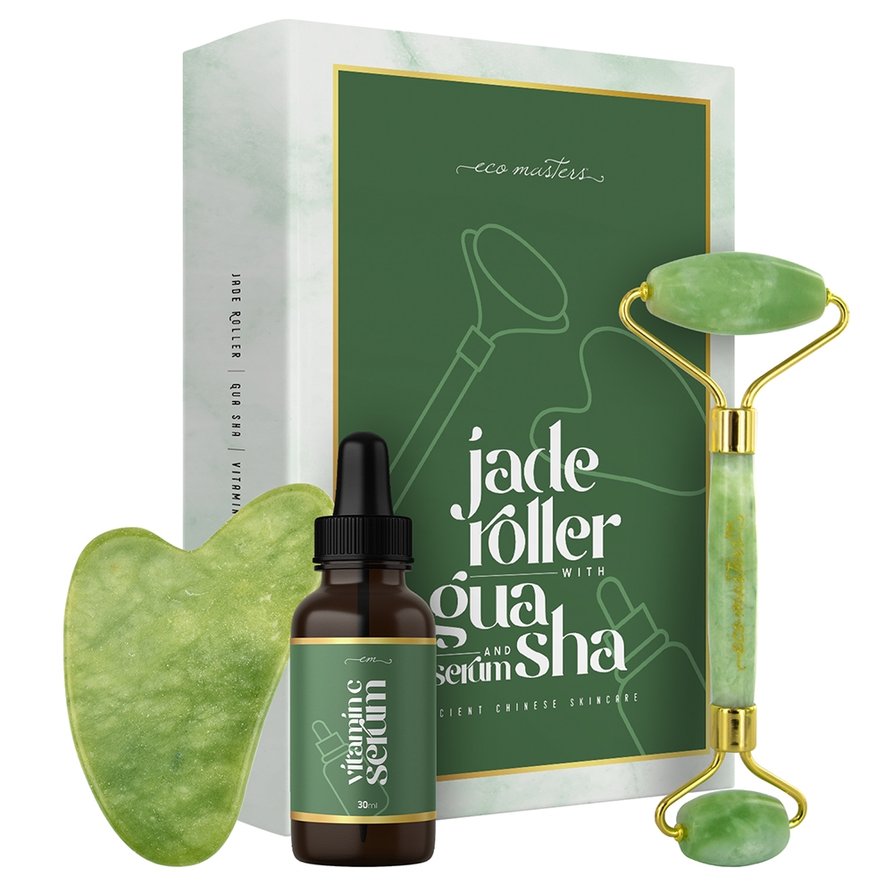 Eco Masters Jade ansiktsroller med Gua Sha & serum - 1x Jade Roller + 1x Gua Sha + 30ml Vitamin C serum