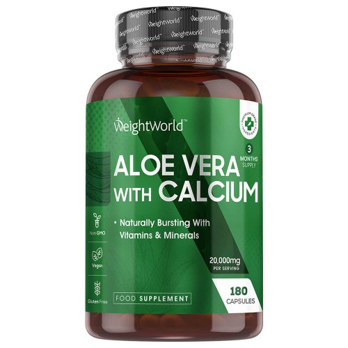 Aloe Vera 20000mg, 180 kapslar med Kalcium - Kosttillskott för huden - Vegansk