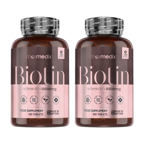 Maxmedix Biotin Tabletter - Vitamin B7 för förtunnat hår - 12 000 mcg styrka per dos - 730 tabletter - 2-pack