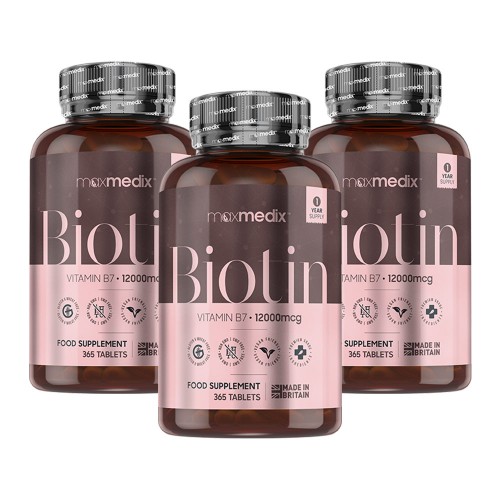 Maxmedix Biotin Tabletter - Vitamin B7 för förtunnat hår - 12 000 mcg styrka per dos - 1095 tabletter - 3-pack