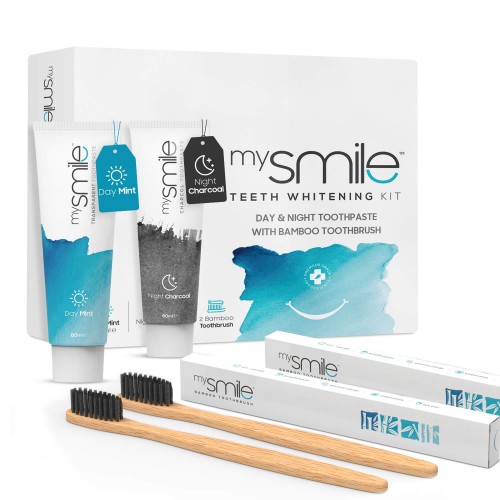 mysmile Tandkräm för Dag & Natt med Borste - Naturlig tandblekningskombo - Miljövänlig bambutandborste - 2 x 60 ml tandkräm